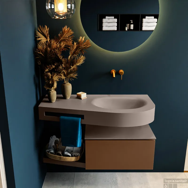 Shop Nu MONDIAZ RIVA 100cm badmeubel onderkast / planchet kleur Rust met 1 lade. Wastafel DULCET rechts 0 kraangaten kleur Smoke.