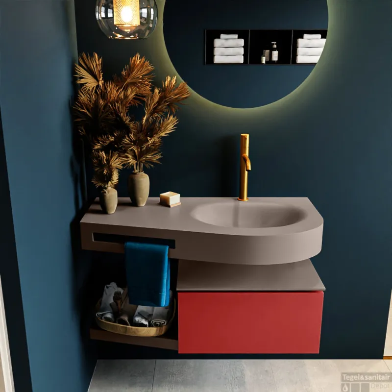 Exclusieve Aanbieding MONDIAZ RIVA 100cm badmeubel onderkast / planchet kleur Fire met 1 lade. Wastafel DULCET rechts 1 kraangat kleur Smoke.