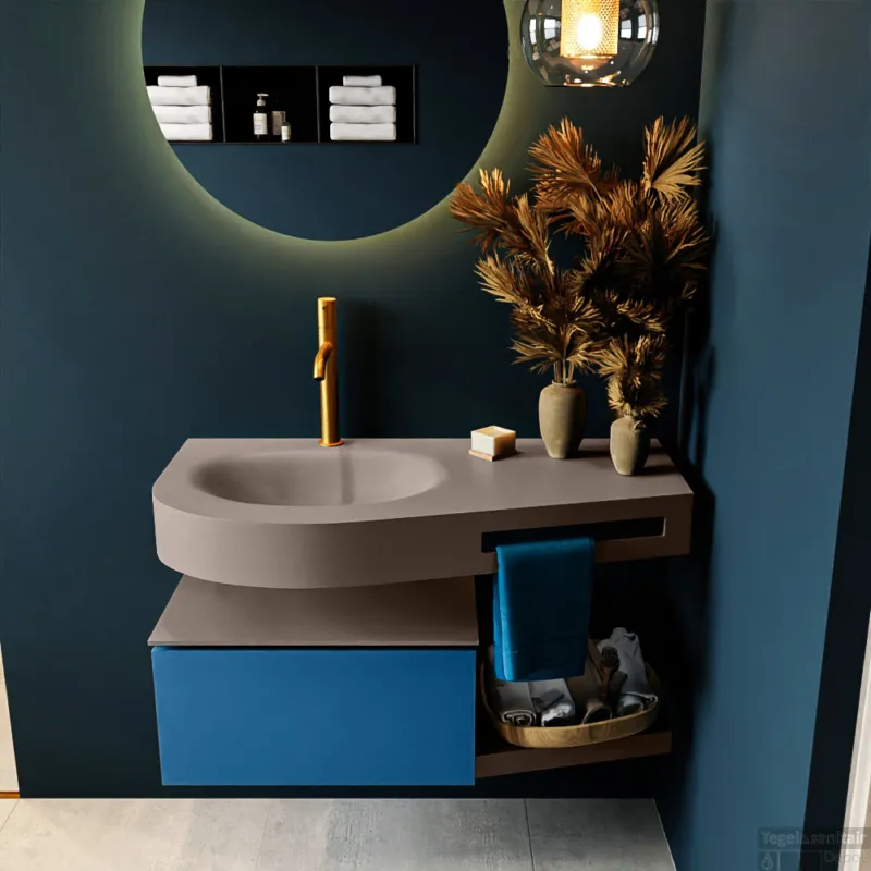 Premium MONDIAZ RIVA 100cm badmeubel onderkast / planchet kleur Jeans met 1 lade. Wastafel DULCET links 1 kraangat kleur Smoke.