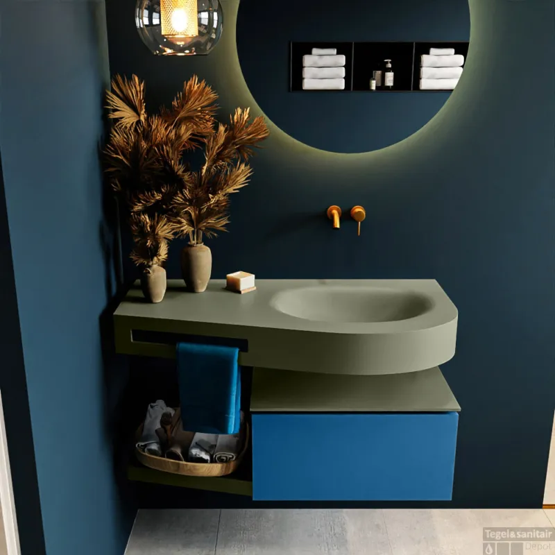 Favoriet MONDIAZ RIVA 100cm badmeubel onderkast / planchet kleur Jeans met 1 lade. Wastafel DULCET rechts 0 kraangaten kleur Army.
