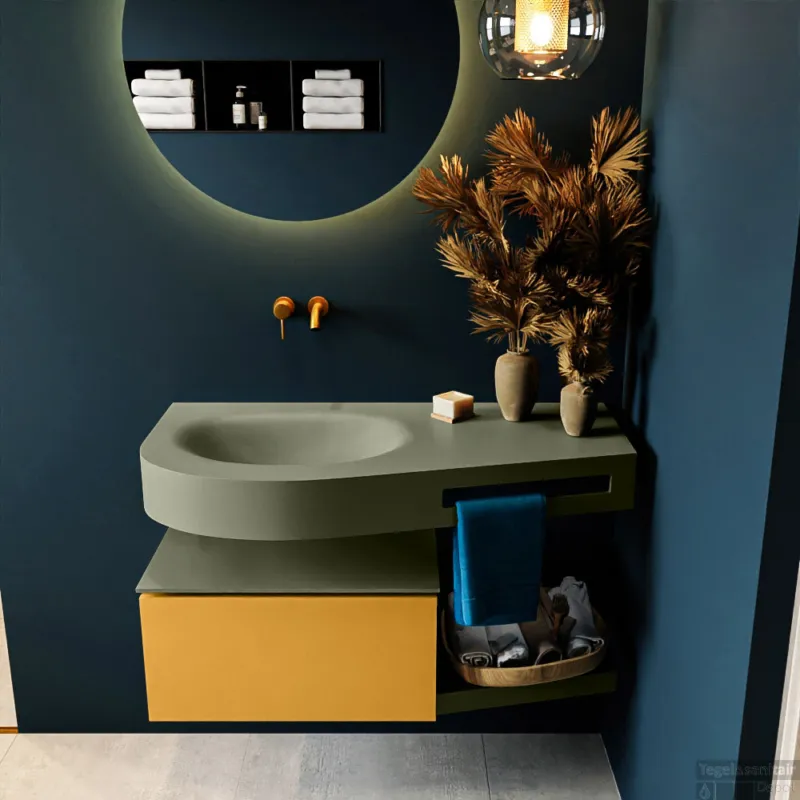MONDIAZ RIVA 100cm badmeubel onderkast / planchet kleur Ocher met 1 lade. Wastafel DULCET links 0 kraangaten kleur Army. Dagaanbieding