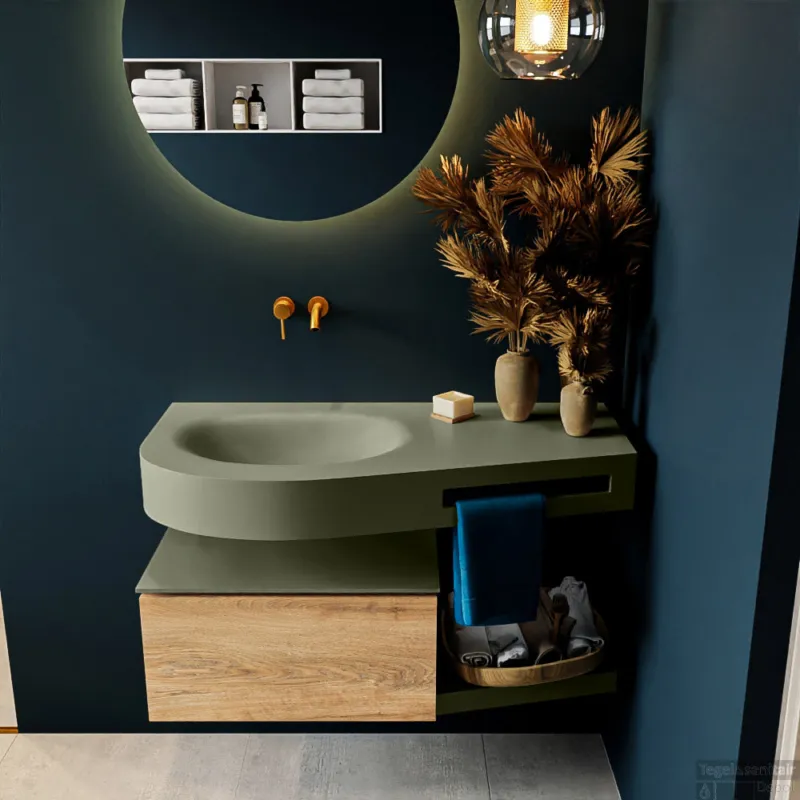 Favoriet MONDIAZ RIVA 100cm badmeubel onderkast / planchet kleur Washed_Oak met 1 lade. Wastafel DULCET links 0 kraangaten kleur Army.