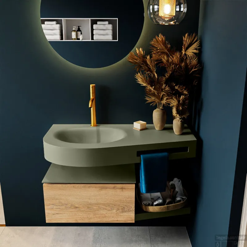 MONDIAZ RIVA 100cm badmeubel onderkast / planchet kleur Washed_Oak met 1 lade. Wastafel DULCET links 1 kraangat kleur Army. Speciale Aanbieding