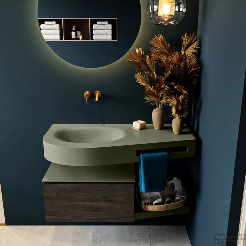 Shop Nu MONDIAZ RIVA 100cm badmeubel onderkast / planchet kleur Dark_Brown met 1 lade. Wastafel DULCET links 0 kraangaten kleur Army.