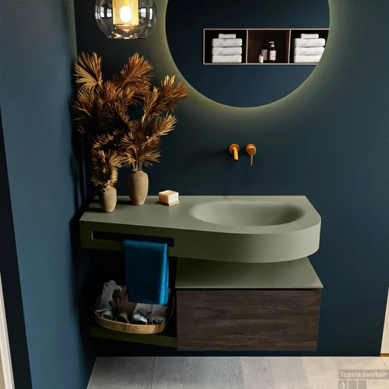 Bestseller MONDIAZ RIVA 100cm badmeubel onderkast / planchet kleur Dark_Brown met 1 lade. Wastafel DULCET rechts 0 kraangaten kleur Army.