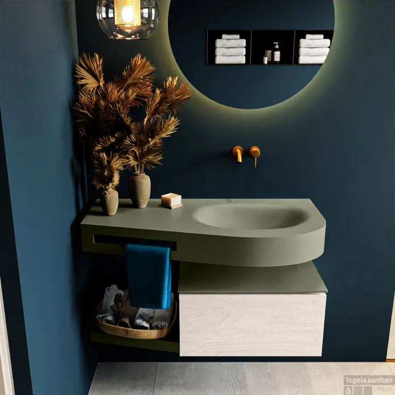 Exclusieve Aanbieding MONDIAZ RIVA 100cm badmeubel onderkast / planchet kleur Underlayment met 1 lade. Wastafel DULCET rechts 0 kraangaten kleur Army.
