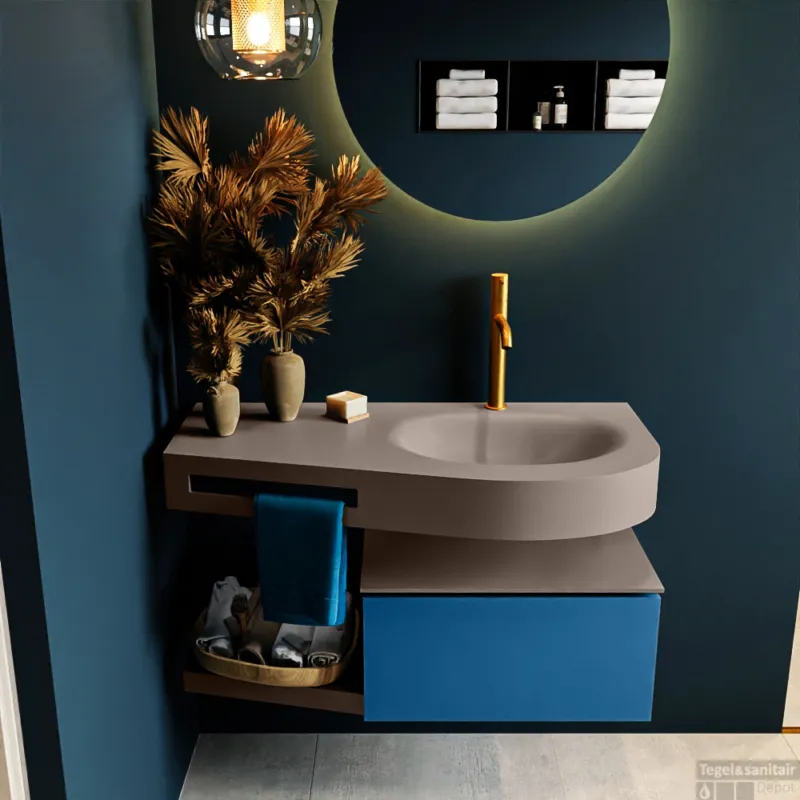 MONDIAZ RIVA 100cm badmeubel onderkast / planchet kleur Jeans met 1 lade. Wastafel DULCET rechts 1 kraangat kleur Smoke. Direct Verzonden