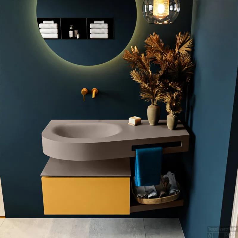 MONDIAZ RIVA 100cm badmeubel onderkast / planchet kleur Ocher met 1 lade. Wastafel DULCET links 0 kraangaten kleur Smoke. Hoge Kwaliteit