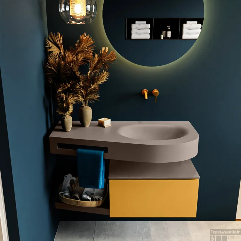 Voordeelprijs MONDIAZ RIVA 100cm badmeubel onderkast / planchet kleur Ocher met 1 lade. Wastafel DULCET rechts 0 kraangaten kleur Smoke.