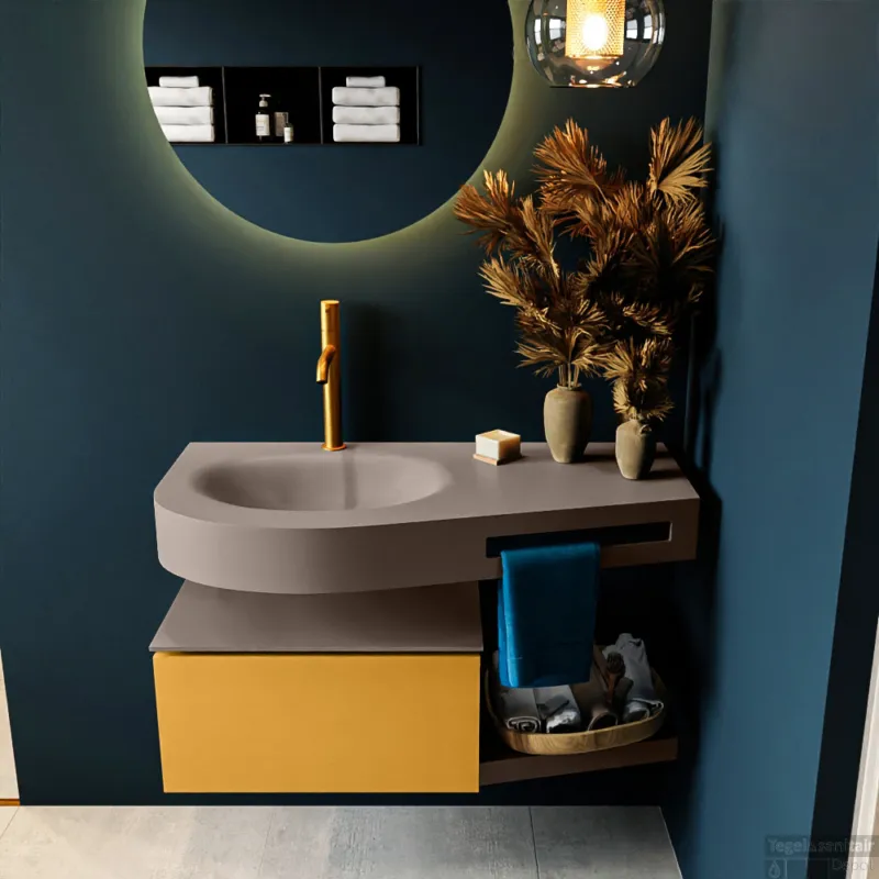 Betrouwbaar MONDIAZ RIVA 100cm badmeubel onderkast / planchet kleur Ocher met 1 lade. Wastafel DULCET links 1 kraangat kleur Smoke.
