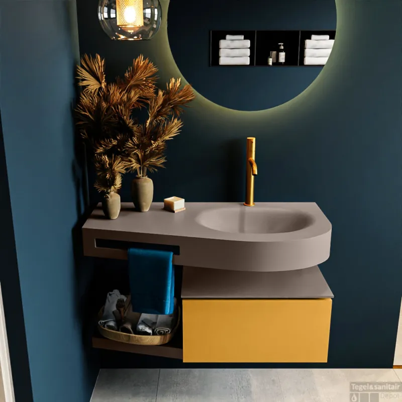 Seizoensaanbieding MONDIAZ RIVA 100cm badmeubel onderkast / planchet kleur Ocher met 1 lade. Wastafel DULCET rechts 1 kraangat kleur Smoke.