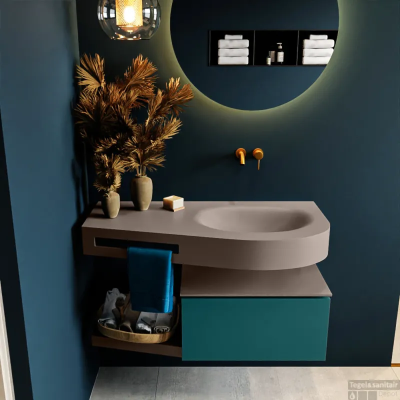 MONDIAZ RIVA 100cm badmeubel onderkast / planchet kleur Smag met 1 lade. Wastafel DULCET rechts 0 kraangaten kleur Smoke. Must-Have