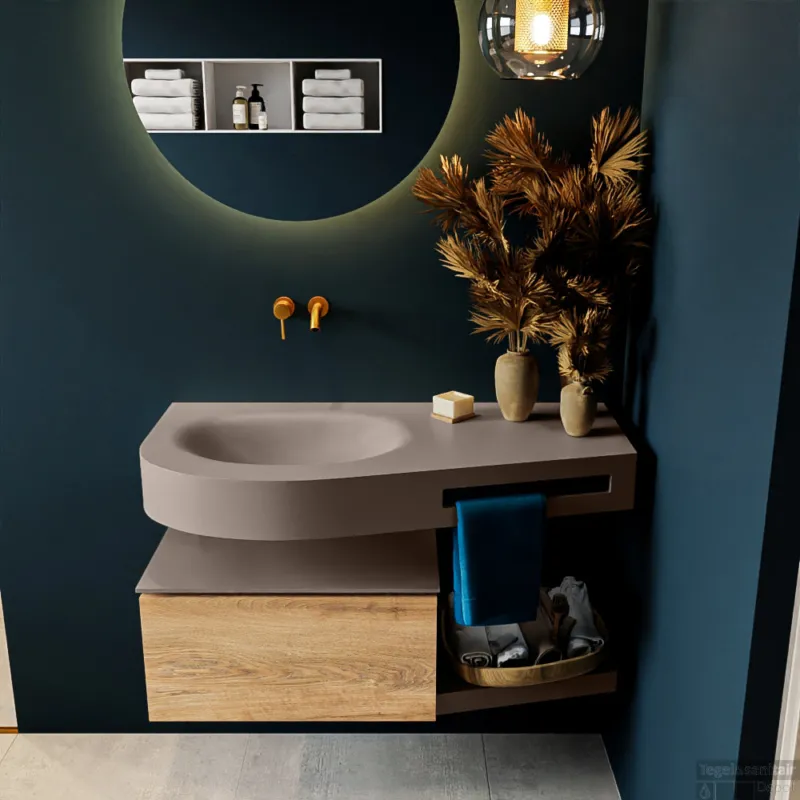Seizoensaanbieding MONDIAZ RIVA 100cm badmeubel onderkast / planchet kleur Washed_Oak met 1 lade. Wastafel DULCET links 0 kraangaten kleur Smoke.