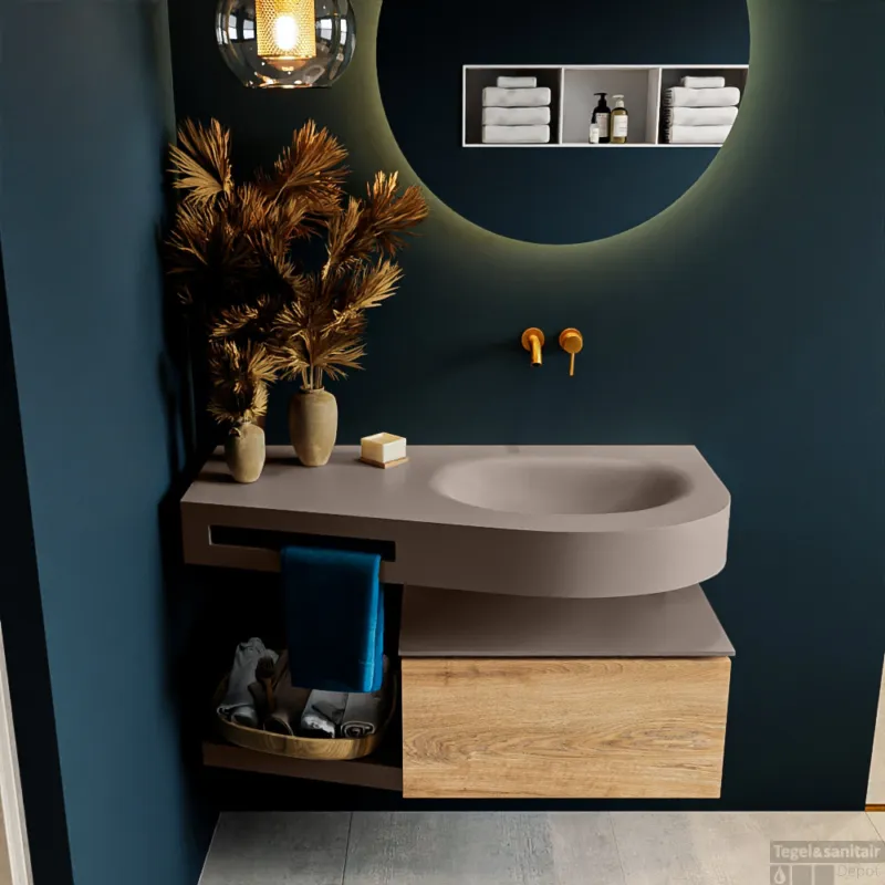 Meest Verkocht MONDIAZ RIVA 100cm badmeubel onderkast / planchet kleur Washed_Oak met 1 lade. Wastafel DULCET rechts 0 kraangaten kleur Smoke.