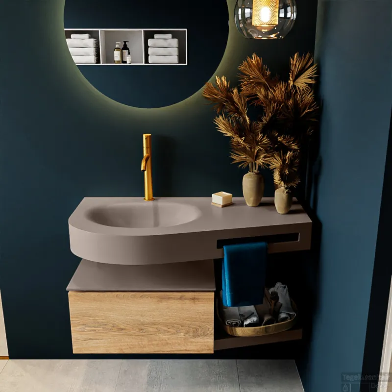 Hete Deal MONDIAZ RIVA 100cm badmeubel onderkast / planchet kleur Washed_Oak met 1 lade. Wastafel DULCET links 1 kraangat kleur Smoke.