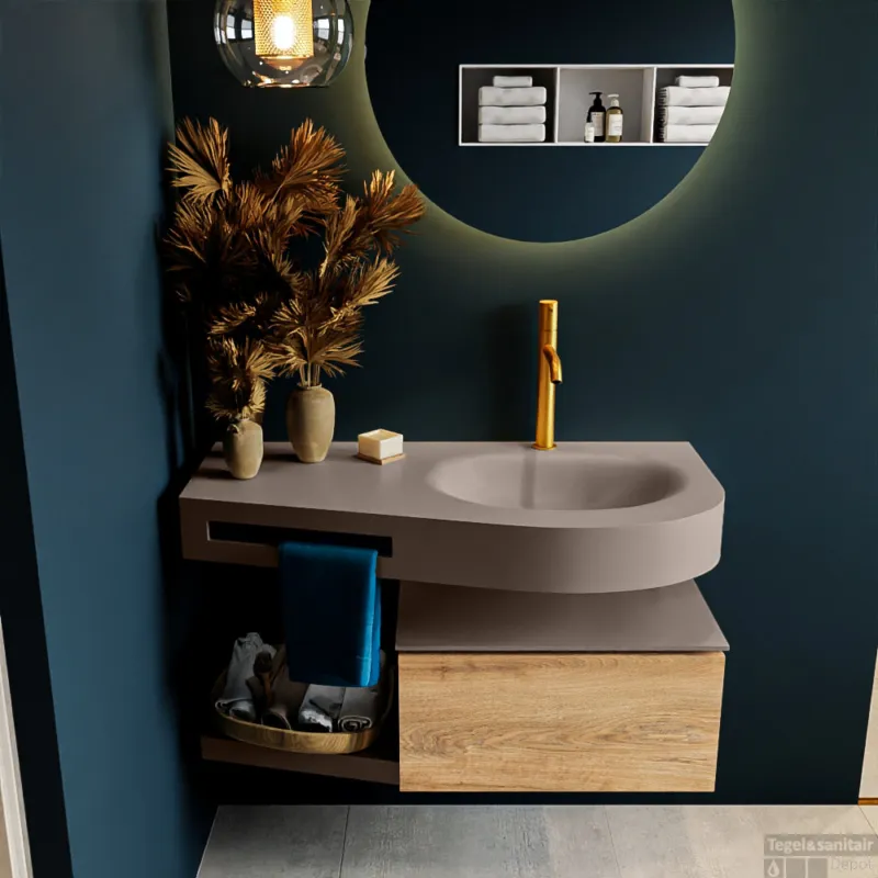 Betrouwbaar MONDIAZ RIVA 100cm badmeubel onderkast / planchet kleur Washed_Oak met 1 lade. Wastafel DULCET rechts 1 kraangat kleur Smoke.