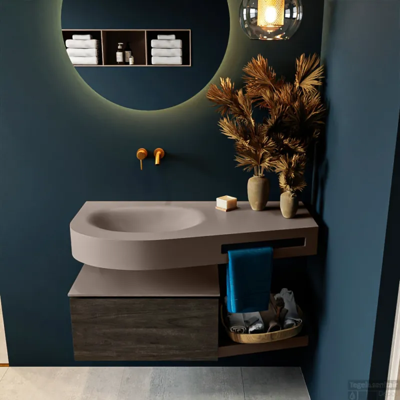 MONDIAZ RIVA 100cm badmeubel onderkast / planchet kleur Dark_Brown met 1 lade. Wastafel DULCET links 0 kraangaten kleur Smoke. Snelle Levering