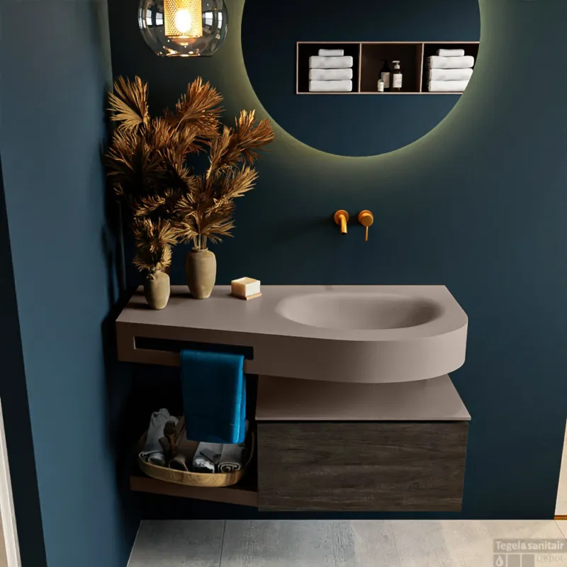 MONDIAZ RIVA 100cm badmeubel onderkast / planchet kleur Dark_Brown met 1 lade. Wastafel DULCET rechts 0 kraangaten kleur Smoke. Koop Vandaag