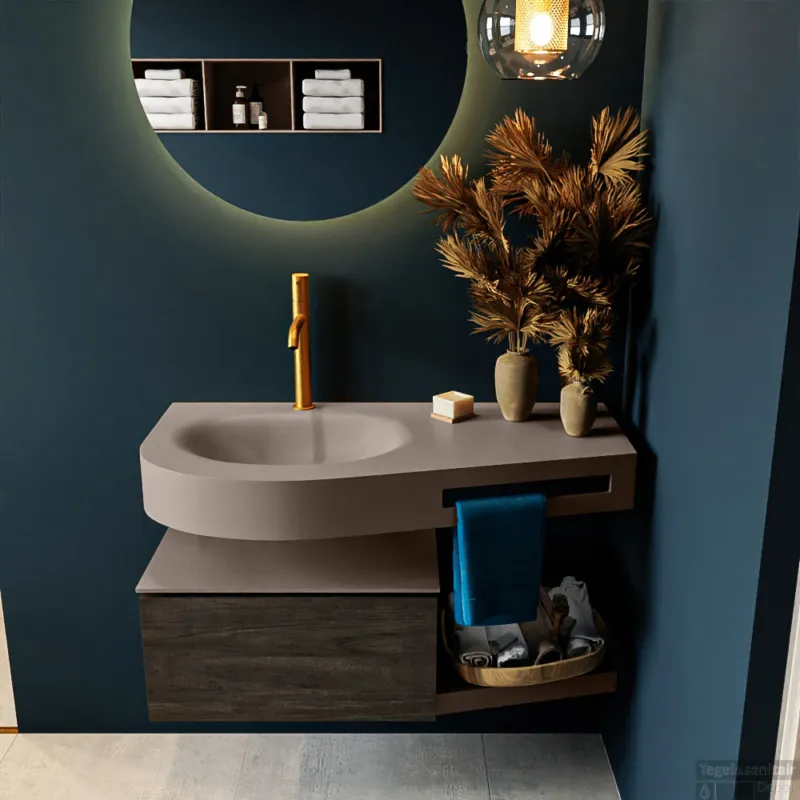 MONDIAZ RIVA 100cm badmeubel onderkast / planchet kleur Dark_Brown met 1 lade. Wastafel DULCET links 1 kraangat kleur Smoke. Superprijs