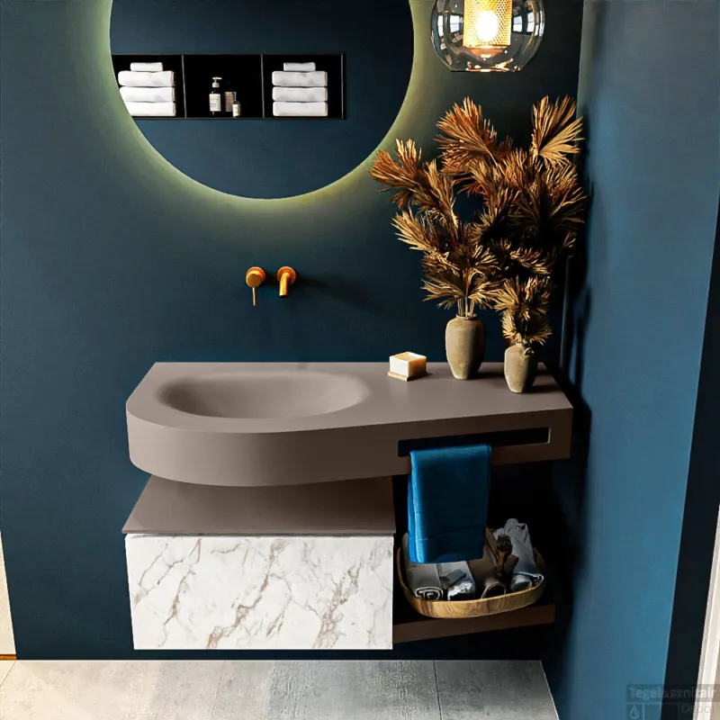 Speciale Aanbieding MONDIAZ RIVA 100cm badmeubel onderkast / planchet kleur carrara met 1 lade. Wastafel DULCET links 0 kraangaten kleur Smoke.