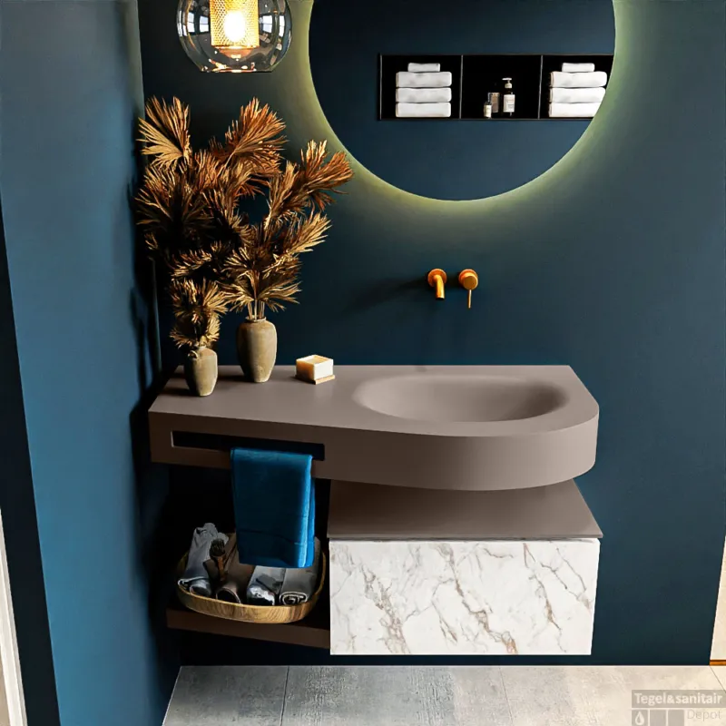 MONDIAZ RIVA 100cm badmeubel onderkast / planchet kleur carrara met 1 lade. Wastafel DULCET rechts 0 kraangaten kleur Smoke. Dagaanbieding