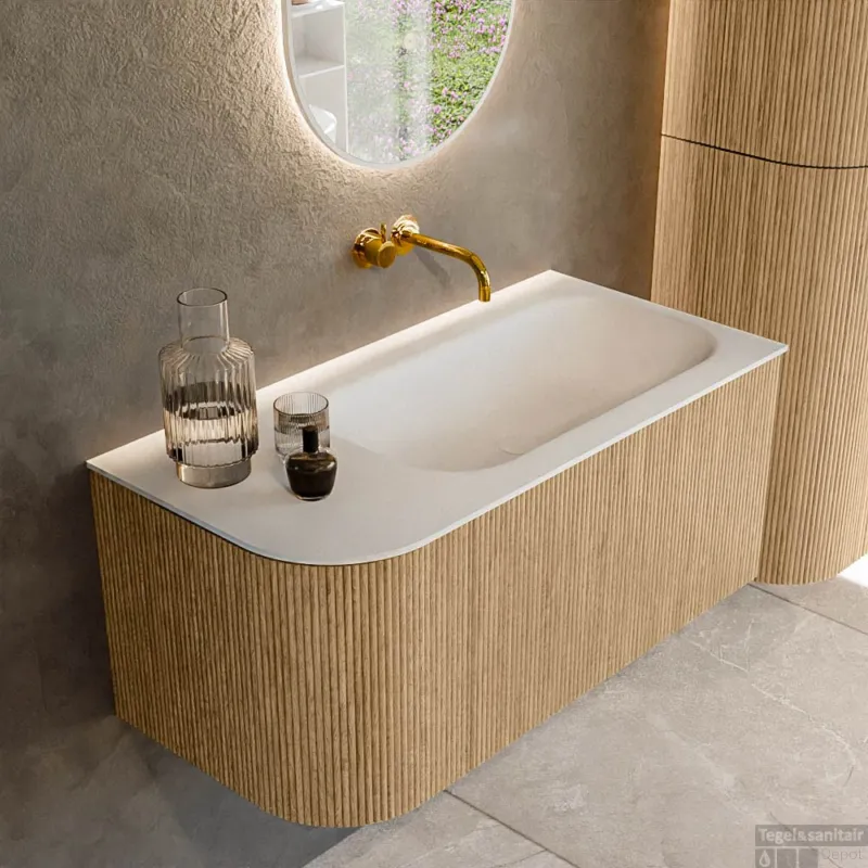 Exclusieve Aanbieding Mondiaz KURVE 95 cm Onderkast Greeploos 1 Lade Met Deuren Oak, Wastafel Solid Surface Rechts Talc 0 Kraangaten Zonder Spiegel (KRVBGS95L1L1D0KR-Oak/Tal)