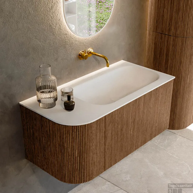Mondiaz KURVE 95 cm Onderkast Greeploos 1 Lade Met Deuren Walnut, Wastafel Solid Surface Rechts Talc 0 Kraangaten Zonder Spiegel (KRVBGS95L1L1D0KR-Wal/Tal) Alleen Vandaag