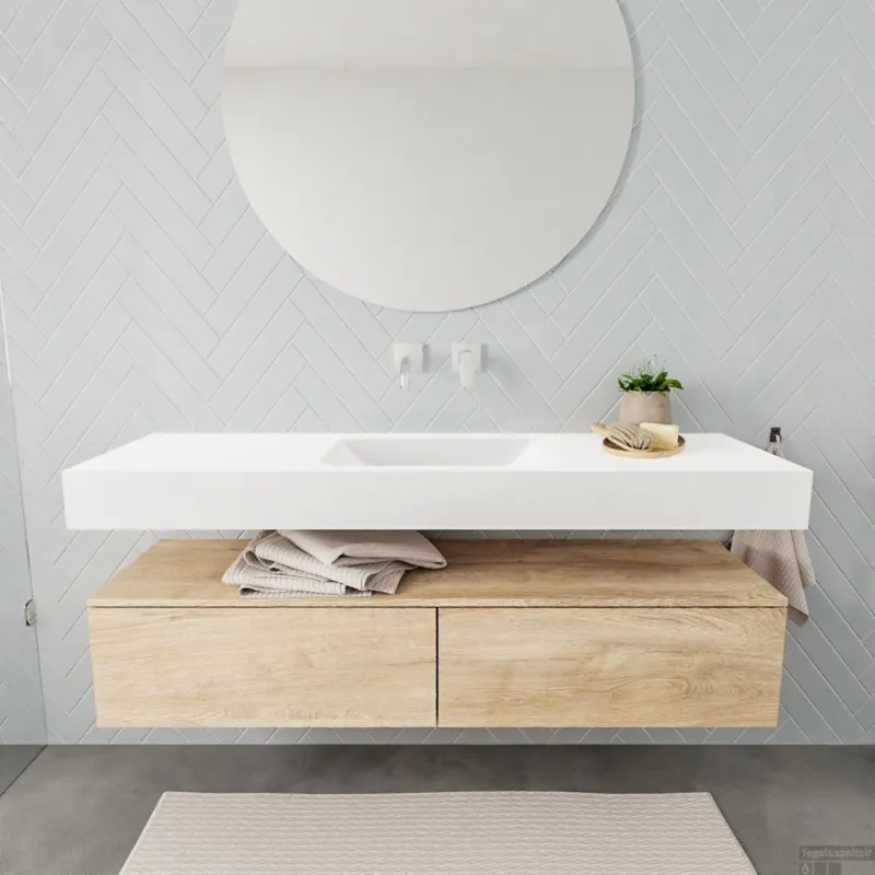 Badkamermeubel BWS Ibiza 150 cm Washed Oak Twee Soft-Close Lades Solid Surface Wastafel Mat Wit (acht varianten) Direct Beschikbaar
