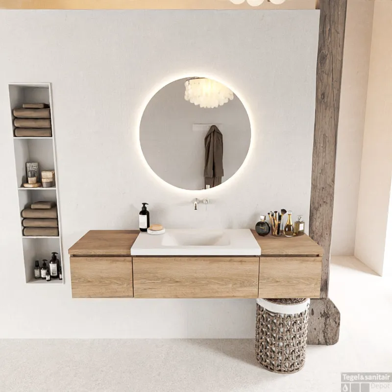 Beste Prijs MONDIAZ BUKLA 160cm badmeubel met module 40 kleur Washed Oak met 3 lades. Wastafel CLOUD midden 0 kraangaten kleur Talc.