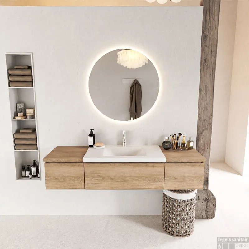 Beste Prijs MONDIAZ BUKLA 160cm badmeubel met module 40 kleur Washed Oak met 3 lades. Wastafel CLOUD midden 1 kraangat kleur Talc.