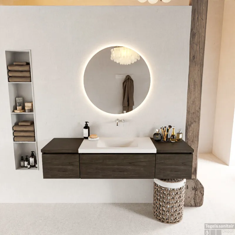 MONDIAZ BUKLA 160cm badmeubel met module 40 kleur Dark Brown met 3 lades. Wastafel CLOUD midden 0 kraangaten kleur Talc. Meest Verkocht