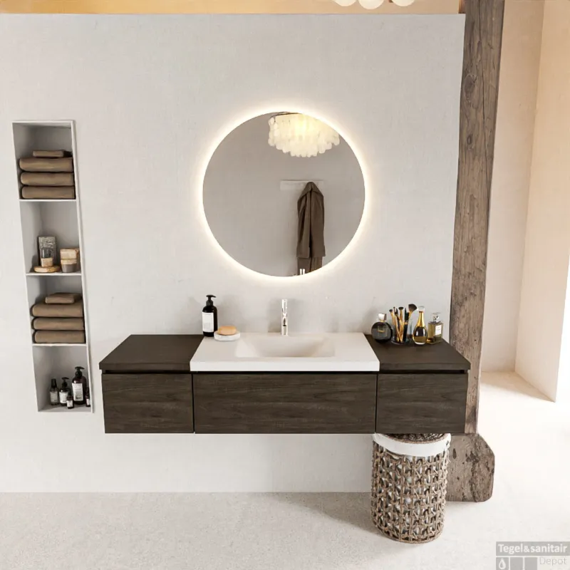 Veilige Betaling MONDIAZ BUKLA 160cm badmeubel met module 40 kleur Dark Brown met 3 lades. Wastafel CLOUD midden 1 kraangat kleur Talc.