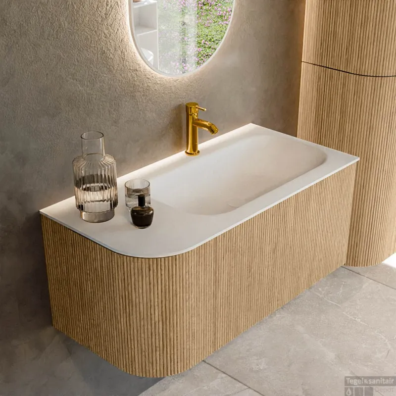 Mondiaz KURVE 95 cm Onderkast Greeploos 1 Lade Met Deuren Oak, Wastafel Solid Surface Rechts Talc 1 Kraangat Zonder Spiegel (KRVBGS95L1L1D1KR-Oak/Tal) Lage Prijs