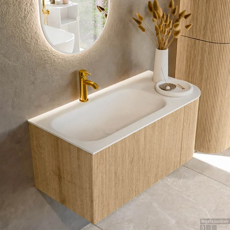 Hoge Kwaliteit Mondiaz KURVE 95 cm Onderkast Greeploos 1 Lade Met Deuren Oak, Wastafel Solid Surface Links Talc 1 Kraangat Zonder Spiegel (KRVBGS95R1L1D1KL-Oak/Tal)