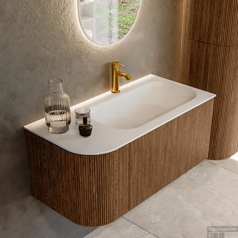 Mondiaz KURVE 95 cm Onderkast Greeploos 1 Lade Met Deuren Walnut, Wastafel Solid Surface Rechts Talc 1 Kraangat Zonder Spiegel (KRVBGS95L1L1D1KR-Wal/Tal) Hete Deal
