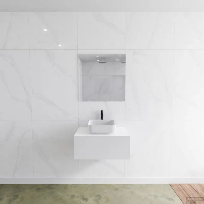 Laatste Versie Badkamermeubelset Mondiaz LAGOM 70 cm met Topblad Gecentreerde Wastafel Solid Surface Opzetkom Binx Met 1 Kraangat Mat Wit (1 lade)