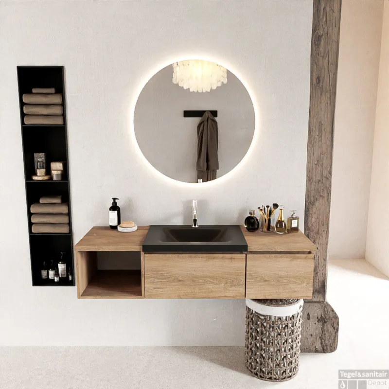 MONDIAZ BUKLA 140cm badmeubel met open module 40 links kleur Washed Oak met 2 lades. Wastafel CLOUD midden 1 kraangat kleur Urban. Beperkte Voorraad