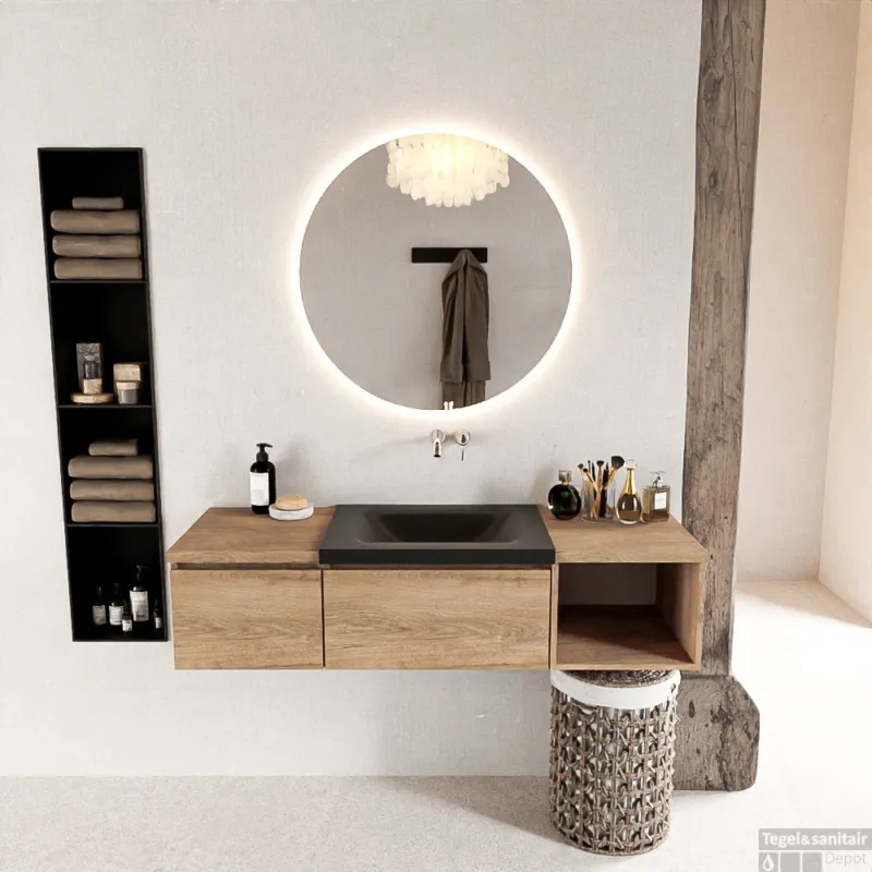 Betaalbaar MONDIAZ BUKLA 140cm badmeubel met open module 40 rechts kleur Washed Oak met 2 lades. Wastafel CLOUD midden 0 kraangaten kleur Urban.