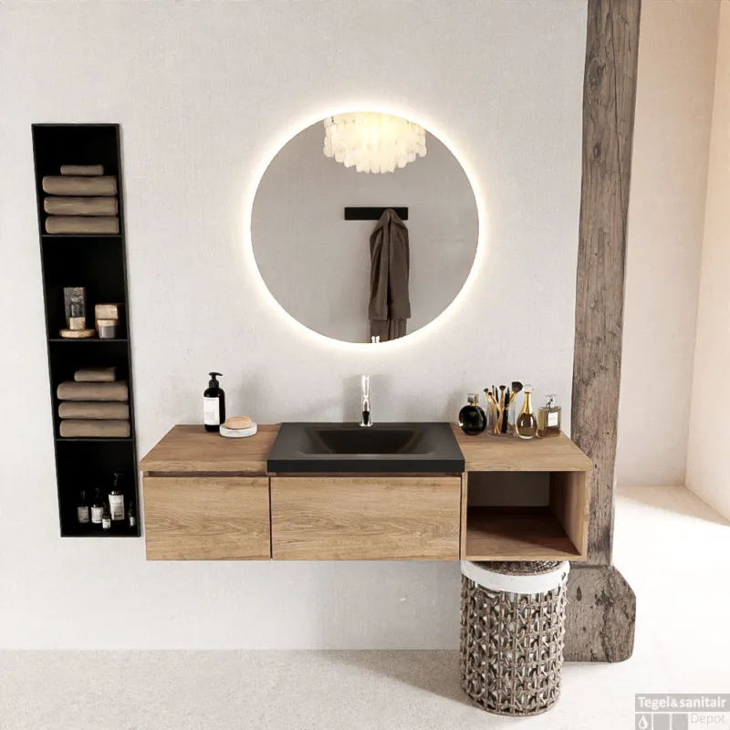 Superprijs MONDIAZ BUKLA 140cm badmeubel met open module 40 rechts kleur Washed Oak met 2 lades. Wastafel CLOUD midden 1 kraangat kleur Urban.