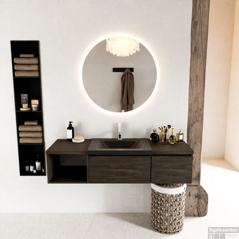 MONDIAZ BUKLA 140cm badmeubel met open module 40 links kleur Dark Brown met 2 lades. Wastafel CLOUD rechts 1 kraangat kleur Urban. Must-Have