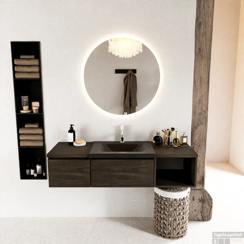 Seizoensaanbieding MONDIAZ BUKLA 140cm badmeubel met open module 40 rechts kleur Dark Brown met 2 lades. Wastafel CLOUD rechts 1 kraangat kleur Urban.