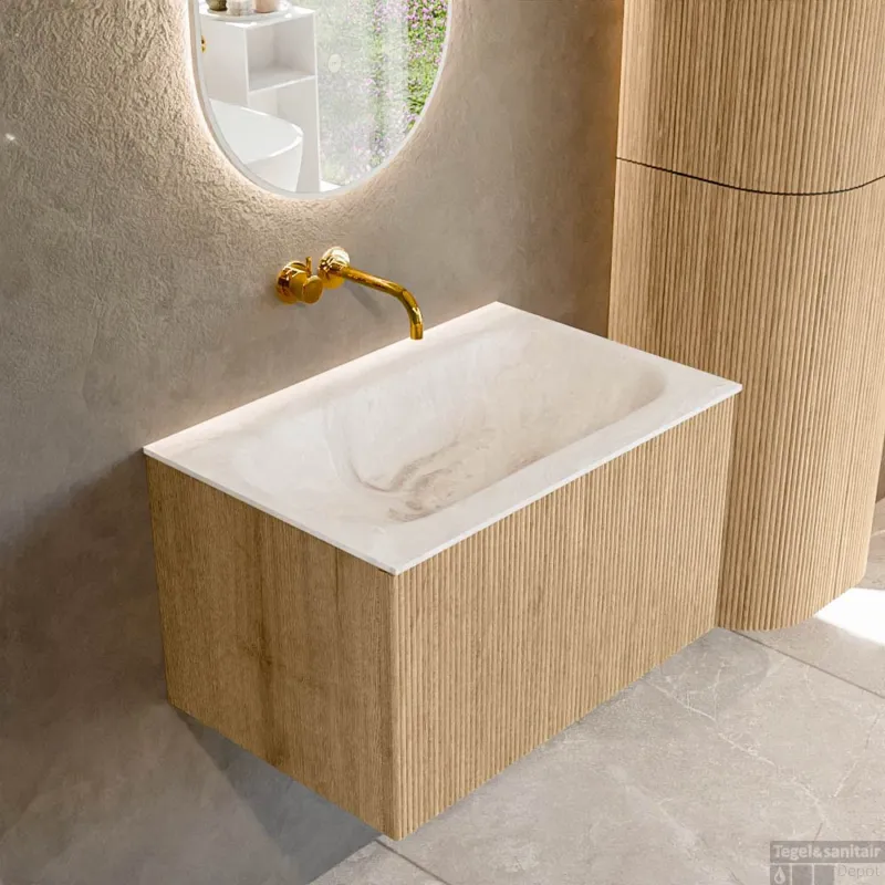 Mondiaz KURVE-DLUX 70 cm Onderkast Greeploos 1 Lade Zonder Deuren Oak, Wastafel Solid Surface Volledig Frappe 0 Kraangaten Zonder Spiegel (KRVBGS701L0D0KM-Oak/Fra) Meest Verkocht