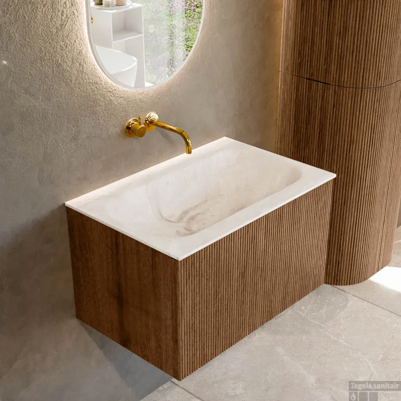 Mondiaz KURVE-DLUX 70 cm Onderkast Greeploos 1 Lade Zonder Deuren Walnut, Wastafel Solid Surface Volledig Frappe 0 Kraangaten Zonder Spiegel (KRVBGS701L0D0KM-Wal/Fra) Direct Verzonden