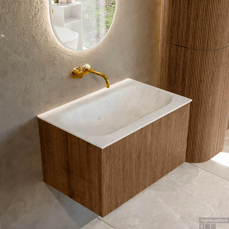 Flitsaanbieding Mondiaz KURVE-DLUX 70 cm Onderkast Greeploos 1 Lade Zonder Deuren Walnut, Wastafel Solid Surface Volledig Opalo 0 Kraangaten Zonder Spiegel (KRVBGS701L0D0KM-Wal/Opa)