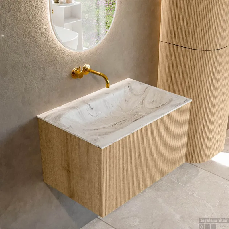 Favoriet Mondiaz KURVE-DLUX 70 cm Onderkast Greeploos 1 Lade Zonder Deuren Oak, Wastafel Solid Surface Volledig Glace 0 Kraangaten Zonder Spiegel (KRVBGS701L0D0KM-Oak/Gla)