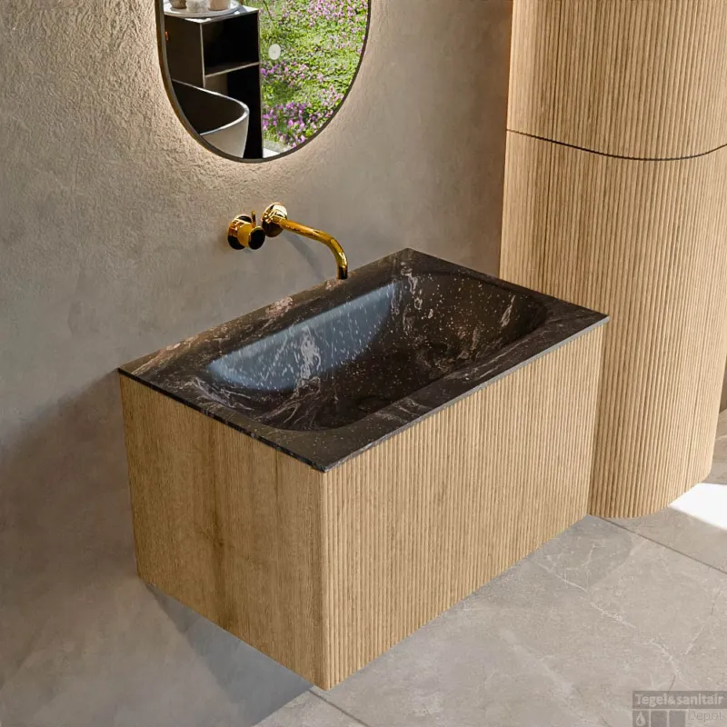 Mondiaz KURVE-DLUX 70 cm Onderkast Greeploos 1 Lade Zonder Deuren Oak, Wastafel Solid Surface Volledig Lava 0 Kraangaten Zonder Spiegel (KRVBGS701L0D0KM-Oak/Lav) Nieuw