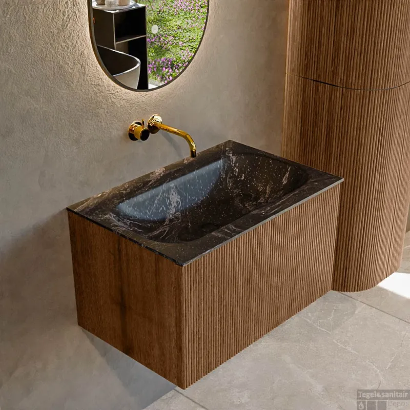 Mondiaz KURVE-DLUX 70 cm Onderkast Greeploos 1 Lade Zonder Deuren Walnut, Wastafel Solid Surface Volledig Lava 0 Kraangaten Zonder Spiegel (KRVBGS701L0D0KM-Wal/Lav) Merkproduct