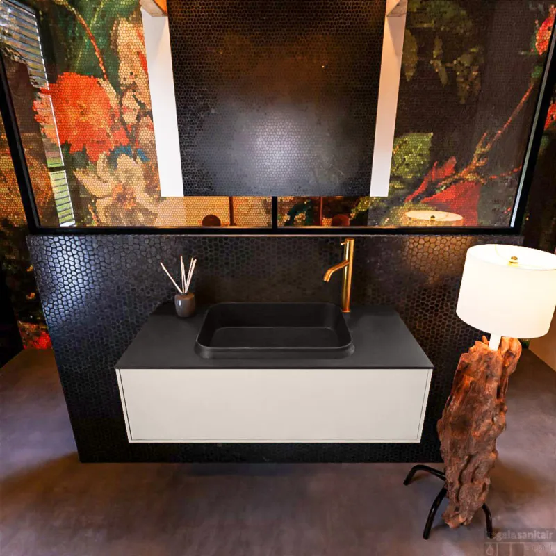Badkamermeubelset Mondiaz Erin 100 cm met 1 Lade met RIDGE Wastafel Midden Urban met 1 kraangat Greeploos Mat Linen Bestel Nu