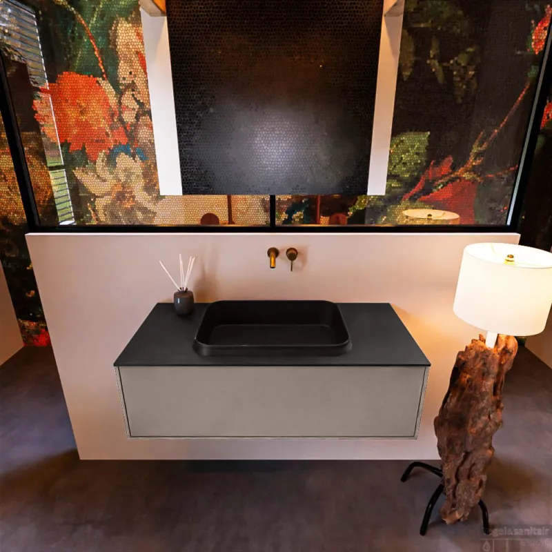 Badkamermeubelset Mondiaz Erin 100 cm met 1 Lade met RIDGE Wastafel Midden Urban Zonder Kraangaten Greeploos Mat Smoke Gratis Retour