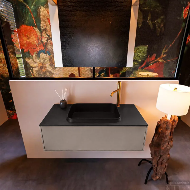 Badkamermeubelset Mondiaz Erin 100 cm met 1 Lade met RIDGE Wastafel Midden Urban met 1 kraangat Greeploos Mat Smoke Meest Verkocht